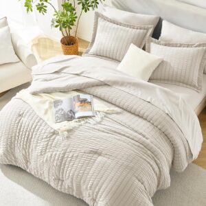 HIMEET Queen Comforter Set - 7 Pieces Seersucker Bed in a Bag Queen Size, Luxury Boho Comforter Set with Sheets for All Season, Bed Set with Comforter, Sheets, Pillowcases & Shams, Beige